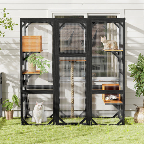 Outdoor Cat House  DIY Cat Enclosure, Cat Catio With Double Enter Doors  62.8 L X 32.2 W X68.5 H Balcony Cat Playpen With Platforms And Two Condos For 1-3 Cats  Light Grey
