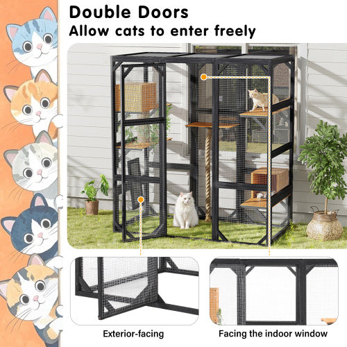 Outdoor Cat House  DIY Cat Enclosure, Cat Catio With Double Enter Doors  62.8 L X 32.2 W X68.5 H Balcony Cat Playpen With Platforms And Two Condos For 1-3 Cats  Light Grey